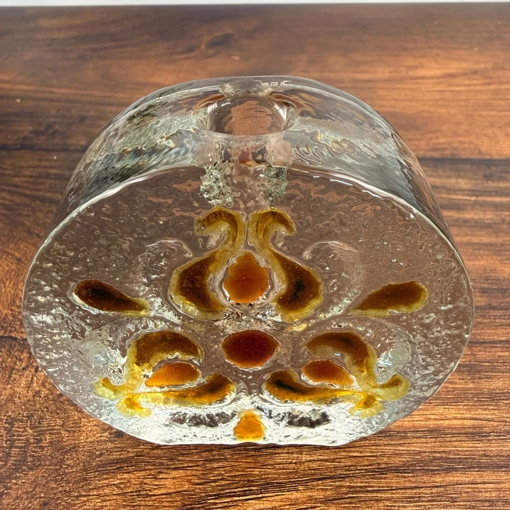 Walther Glas Crystal Bud Vase Amber Floral Relief West Germany